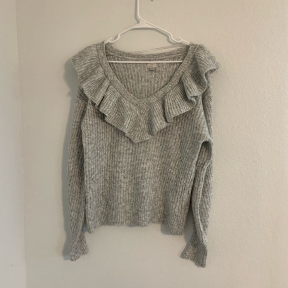 A New Day Ruffle V Neck Soft Cozy Sweater Grey - Picture 6 of 9